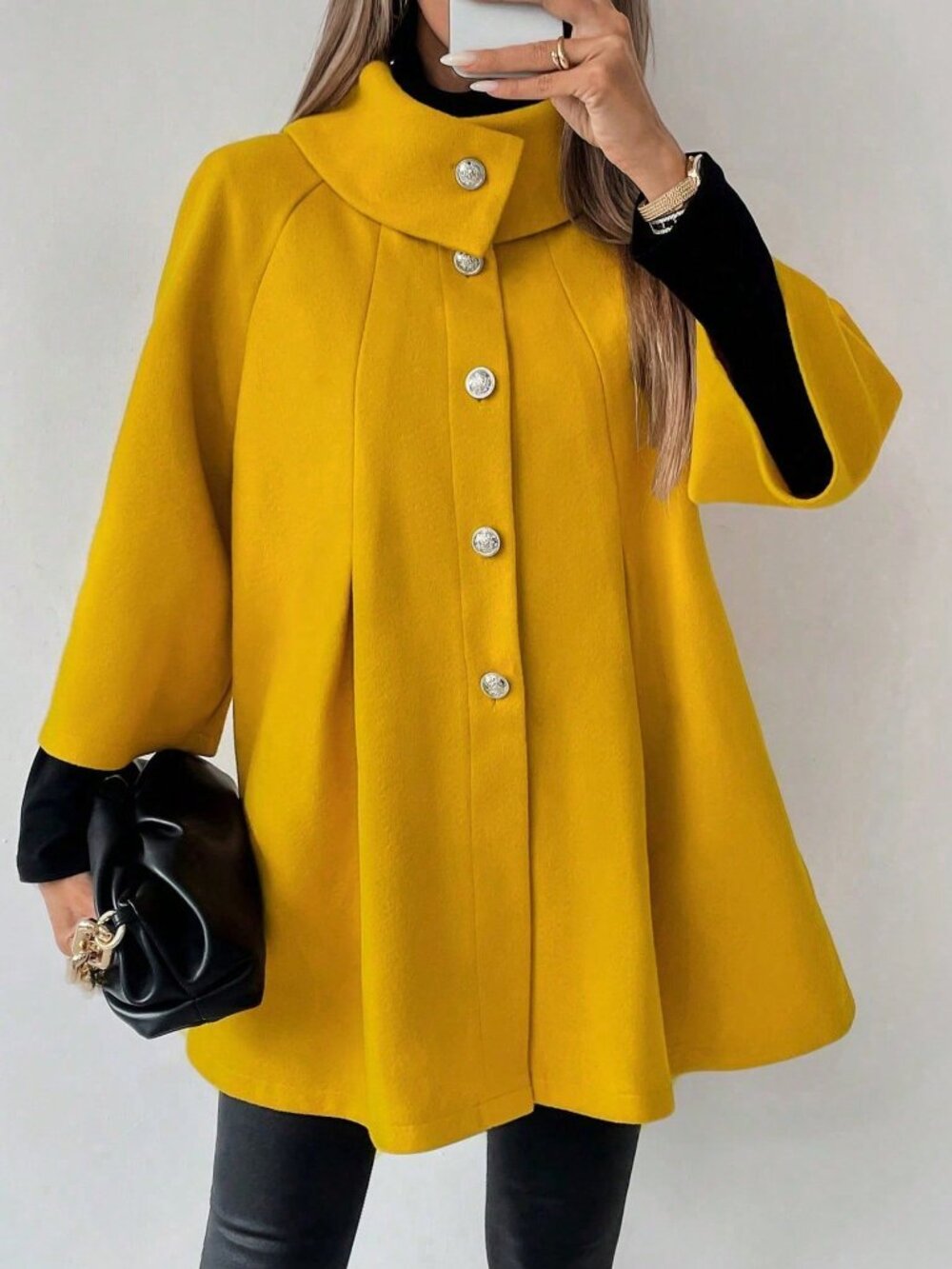 Yellow Casual Women's Plain Color Block Front Button Long Sleeve Jacket